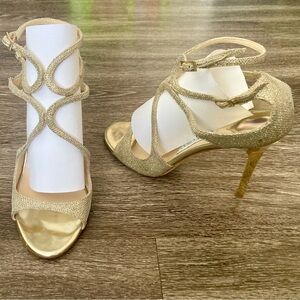 Jimmy Choo Lang strappy sandals with gold glitter finish in size 39 (US 9)